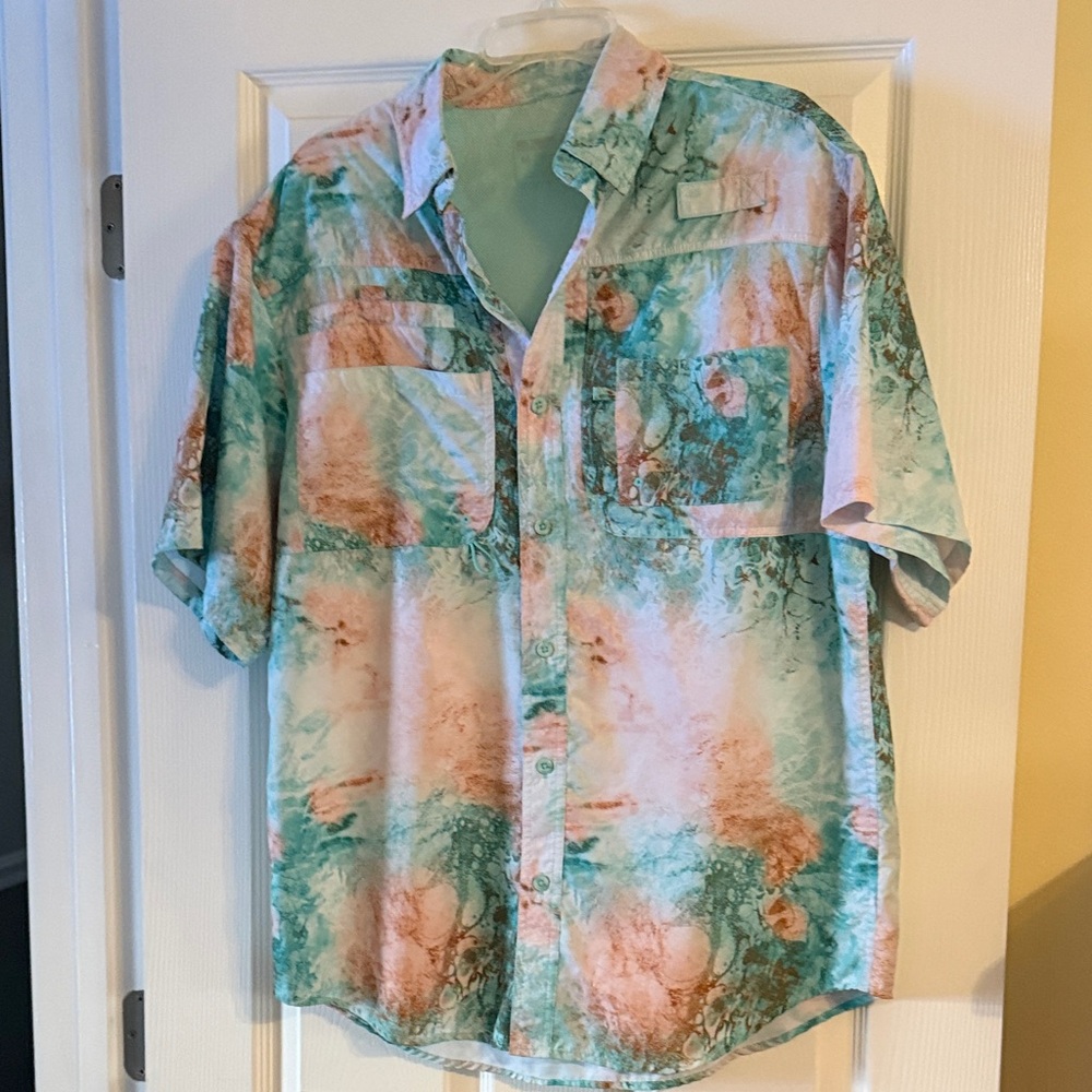 Reel Legends Teal and Coral Casual Button Down Shirt